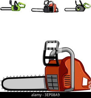 Colorful cartoon chainsaw collection showing various power tools for logging, woodworking, gardening and construction, vector icons of machines for ho Stock Vector
