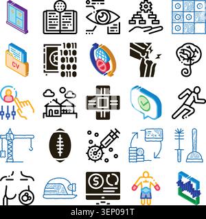 Variety of flat, doodle, and isometric style icons representing diverse concepts including technology, medicine, business, sport, and construction on Stock Vector