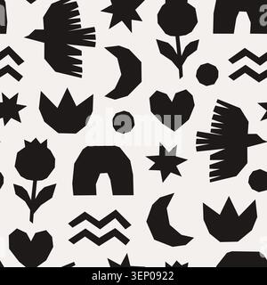 Paper cut seamless pattern. Black cutout shapes, abstract heart, flower, bird, star. Decorative print for fabric, web desktop, wrapping, racy vector Stock Vector