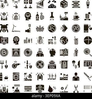Large group of varied black glyph icons representing diverse concepts spanning business, technology, social issues, environment, and everyday activiti Stock Vector