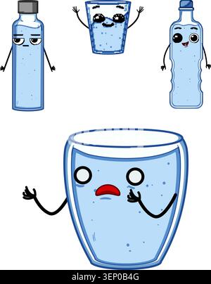 Group of cartoon water characters in bottles and glasses displaying different emotions, from happy smiles to signs of concern, highlighting hydration Stock Vector