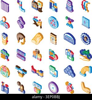 Diverse set of isometric icons visualizing various themes including artificial intelligence, manufacturing, finance, healthcare, agriculture, communic Stock Vector