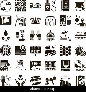 Presenting black and white glyph icons representing various concepts, services, and business models for design, interface, or educational applications Stock Vector