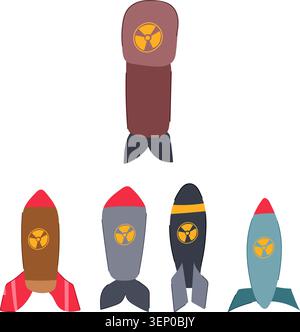 Collection of cartoon style nuclear weapons, including a large bomb and several rockets, all featuring the iconic radiation warning symbol, depicting Stock Vector