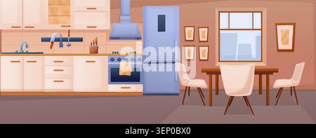 Cartoon cozy kitchen interior. Cooking area and dining room. Stove, fridge, sink and different tools. Stools and table for eating, nowaday vector Stock Vector