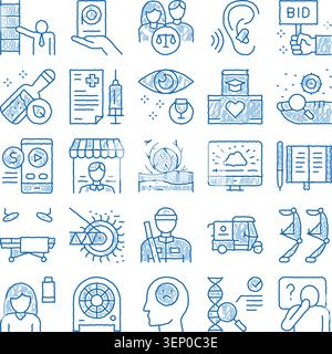 Collection of doodle sketch icons illustrating various service sectors and concepts including healthcare, education, law, commerce, transportation, an Stock Vector