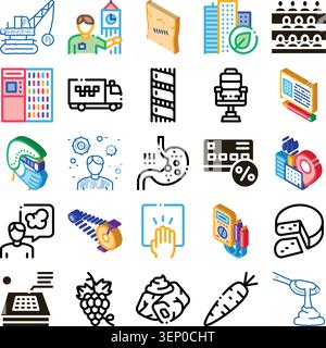 Collection of isometric and outline icons depicting various concepts including construction, health issues, food products, urban architecture, educati Stock Vector