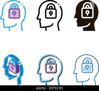 styles Locked Padlock In Man Silhouette Mind Vector Icon Thin Line. Gear And Brain, Heart And Shield, Padlock And Magnifier Stock Vector