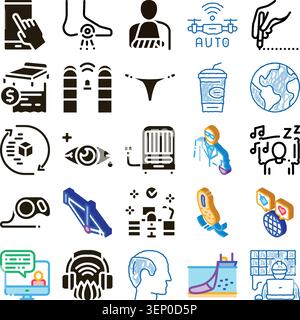 Set of assorted glyph, outline, 3d isometric, and doodle icons illustrating concepts from healthcare, technology, digital communication, and everyday Stock Vector