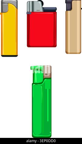 Four distinct colorful gas lighters are standing upright on a clean white background, creating a collection of essential tools for various utility and Stock Vector