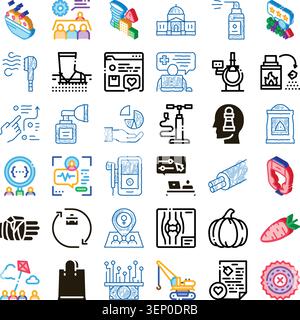 Large set of diverse isometric and doodle style icons representing concepts in business, healthcare, technology, data analysis, finance, nature, and e Stock Vector