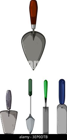 Assorted hand trowels with varied blade shapes and colorful handles laid out on white background, ideal for gardening, planting, landscaping, masonry Stock Vector