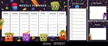School planners set. Weekly planner from monday to sunday, to do list, my goals and notes block. Cartoon books and stationery. Bright schedule list Stock Vector