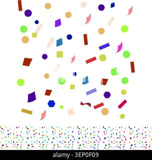 Colorful geometric shapes like circles, rectangles, and ribbons are scattering and falling, creating a vibrant, festive, and celebratory background fo Stock Vector