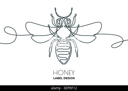 Vector hand drawn continuous line illustration of honey bee. Logo sign, emblem. Abstract monoline design element for product label, packaging Stock Vector