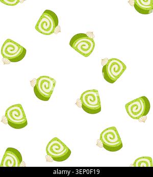 pattern matcha flavored swiss roll slice with creamy white filling and whipped cream on top, seamless on white, green tea dessert pastry illustration Stock Vector