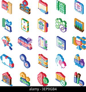 Set of colorful isometric icons depicting a variety of objects and services, illustrating concepts related to business, retail, lifestyle, and financi Stock Vector