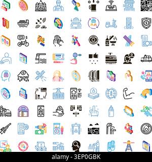Variety of colorful and black silhouette icons illustrating concepts across business, finance, logistics, technology, communication, and health servic Stock Vector