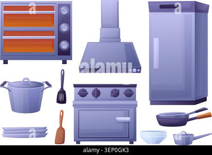 Cartoon professional kitchen furniture. Oven, fridge, stove and cutlery. Metal pans and pot, different plates and bowls, food warming cabinet, nowaday Stock Vector