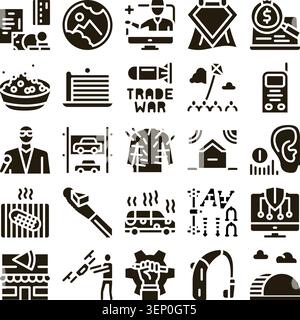 Set of solid design icons illustrating diverse concepts related to global economics, finance, technology, industry, and commerce, including logistics Stock Vector
