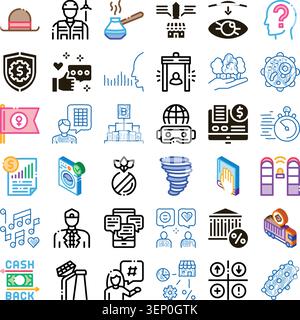 Large grid of diverse outline vector icons illustrating various themes including business, technology, finance, social media, people, and abstract con Stock Vector