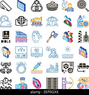 Visualizing a vast collection of modern abstract outline icons representing various industries, technologies, social aspects, nature, and everyday obj Stock Vector