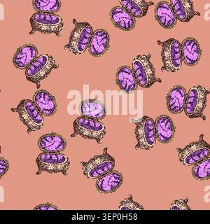 pattern Ornate luxury jewelry casket with open lid and decorative engravings, vintage line art illustration evoking treasure, hidden secrets, dreams, Stock Vector