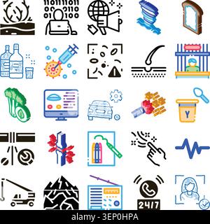Diverse collection of colorful linear icons representing technology, health, nature, industry, communication, and human experiences, forming a compreh Stock Vector