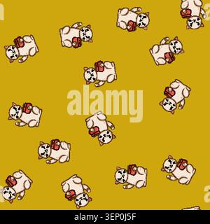 seamless pattern Lucky cat, a traditional charm, sits smiling while raising one paw and holding a red bag full of shining golden coins, symbolizing go Stock Vector