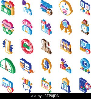 Isometric icon set visualizing diverse modern concepts for business, technology, finance, e commerce, healthcare, lifestyle, and abstract ideas repres Stock Vector