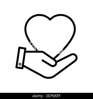 Hand palm offer heart shape features black vector icon. It represents charity holding gesture eps 10. Stock Vector