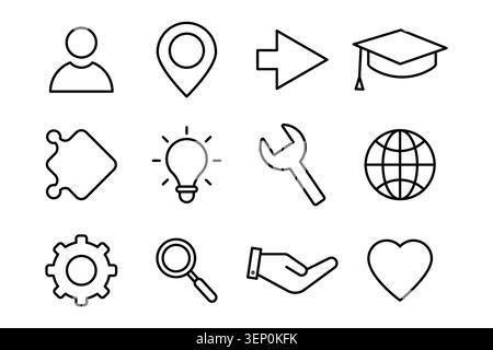 User map pin idea heart element features black vector icon set. It highlights business web interface eps 10. Stock Vector