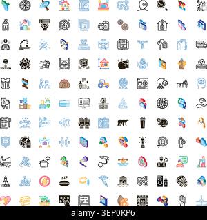 Large grid displaying a wide ranging assortment of colorful and line art pictograms representing different daily activities, concepts, objects, and in Stock Vector