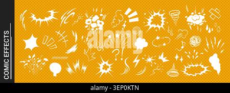 Superhero doodle effect, hand-drawn, with dynamic speed lines, a collection of animated cartoon motion elements Stock Vector