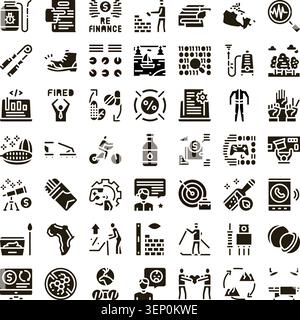 Diverse set of solid black glyph icons depicting various concepts related to business, technology, finance, nature, community, education, and health o Stock Vector