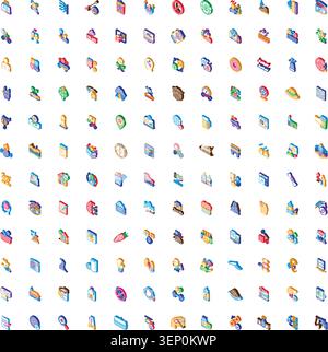 Diverse isometric icons set presenting a wide array of colorful symbols and objects, suitable for web design, applications, infographics, and conceptu Stock Vector