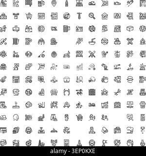 Large set of minimalist black line pictograms covering technology, business, finance, communication, healthcare, travel, shopping and everyday digital Stock Vector