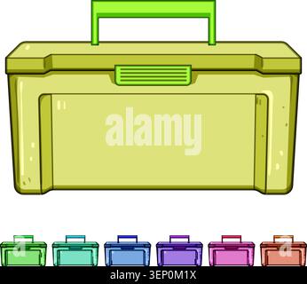 Red plastic toolbox featuring a yellow handle and latch, providing a portable container for storing tools, equipment, and supplies for home improvemen Stock Vector