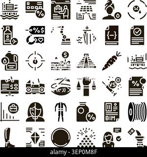 Presenting a comprehensive collection of diverse glyph icons representing various concepts including finance, health, technology, agriculture, mining, Stock Vector