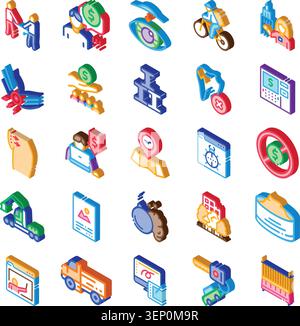 Isometric icons set showcasing business, finance, tech, logistics and security concepts for web and app useenterprise, startup and professional servic Stock Vector