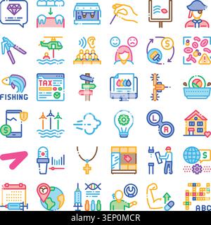 Vector illustration featuring a comprehensive set of colorful outline icons representing various fields, activities, and abstract concepts with a mode Stock Vector