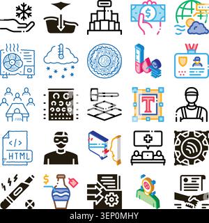 Set of clean line and glyph icons covering business, finance, technology, healthcare and related concepts for web and mobile interfaces, presentations Stock Vector