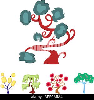 Set of colorful cartoon trees with various shapes and vibrant leaves, including a large fantasy design and smaller whimsical plant illustrations, offe Stock Vector