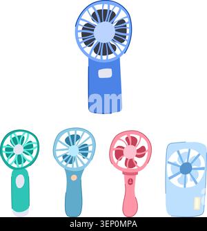 Varied collection of five colorful handheld personal electric fans illustrating modern devices for staying cool and comfortable during hot weather or Stock Vector
