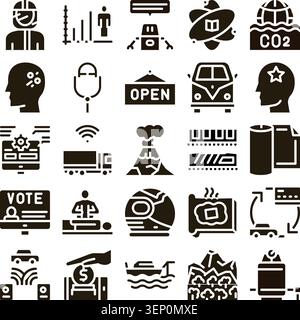 Set of diverse glyph icons representing various concepts including artificial intelligence, environmental issues, communication, transportation, onlin Stock Vector