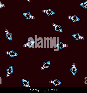 seamless pattern Glass bottle containing a blue liquid with a cork stopper and a black skull warning symbol, representing danger, magic, fantasy, or a Stock Vector