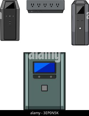 Various uninterruptible power supply system units, surge protectors, and power strips ensuring continuous power for critical electronic devices during Stock Vector
