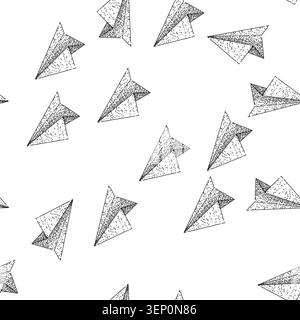 seamless pattern flight paper plane hand drawn. wings glide, throw model, craft aerodynamics flight paper plane black sketch illustration Stock Vector
