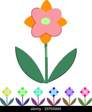 Simple pink and red flower with a yellow center, green stem and two leaves on a white background minimalist, geometric floral icon for spring and natu Stock Vector