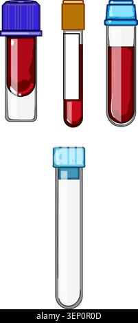Medical lab vials with blood samples and one empty test tube on white background, sterile containers ready for diagnostic analysis, research, and clin Stock Vector
